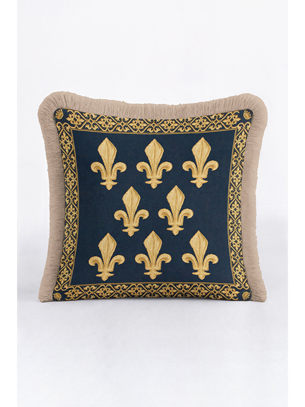 Karışık Saray Motifli Saçaklı Yastık Kılıfı - Fransız Esintili Klasik Lacivert Altın Püsküllü Kırlent Kılıfı-1