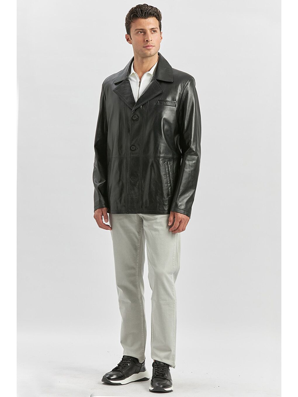 Siyah Hakiki Deri Kırlangıç Yaka Astarlı Slim Fit Dar Kesim Casual Deri Mont 1038235152-4