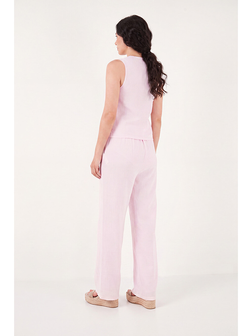 Pembe Pamuklu Regular Fit Bağlama Detaylı Kadın Alt-üst Müslin Takım 5866660-6