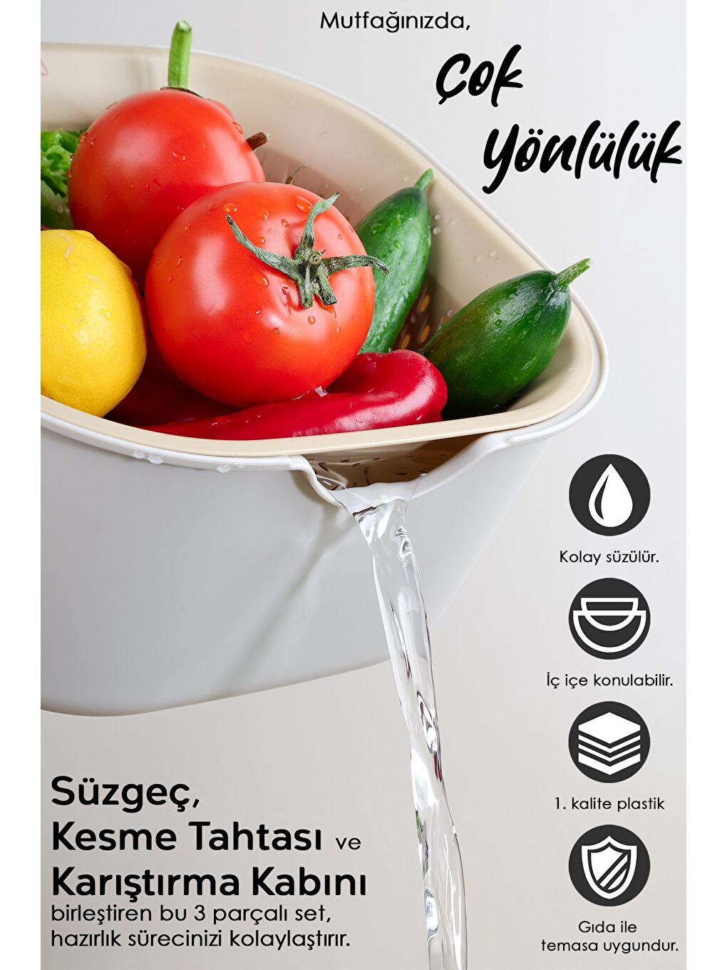 5 Parça Çok Amaçlı Mutfak Seti Karıştırma Kabı Kasesi Süzgeç Kesme Tahtası Limon Sıkacağı Bej-3