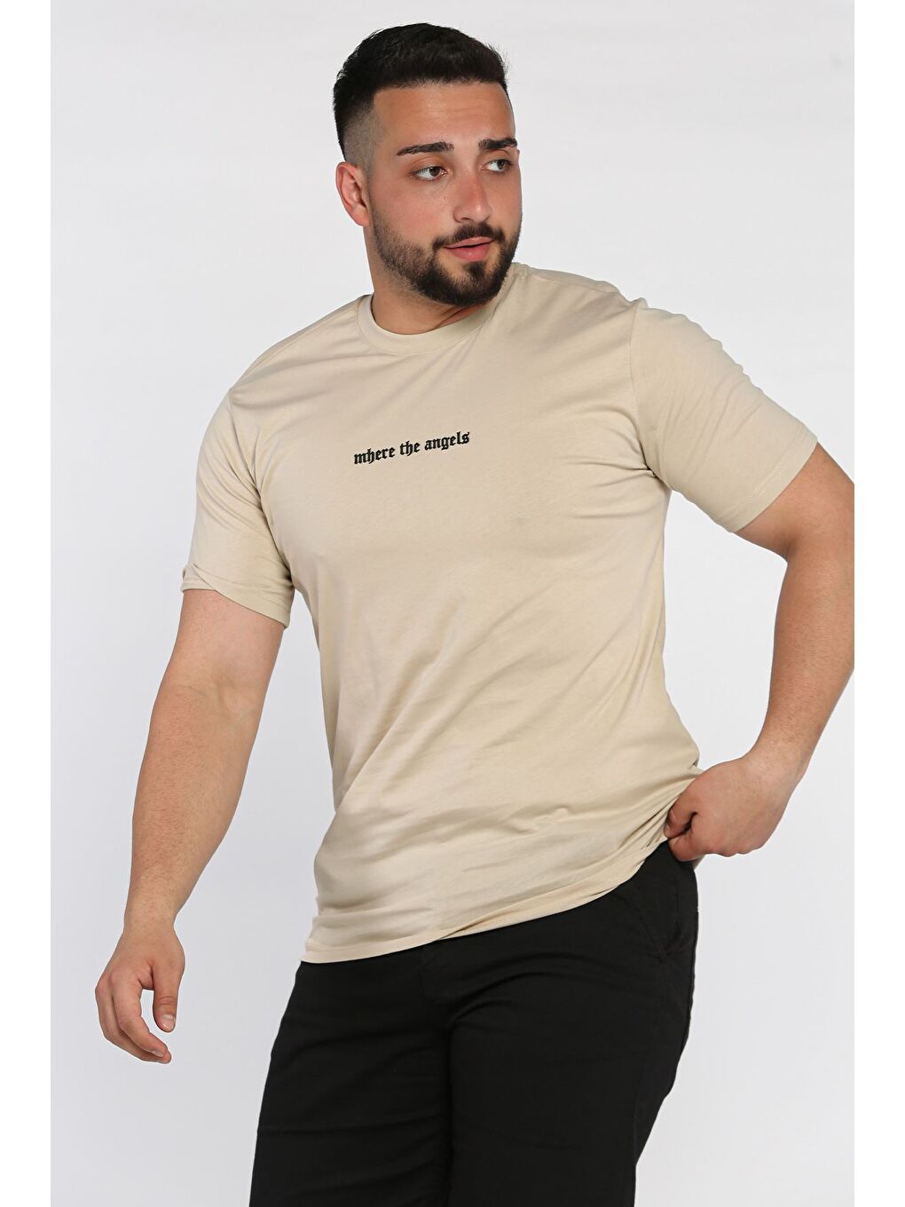 Bej Erkek Bisiklet Yaka Silikon Kabartma Baskılı Tişört-1