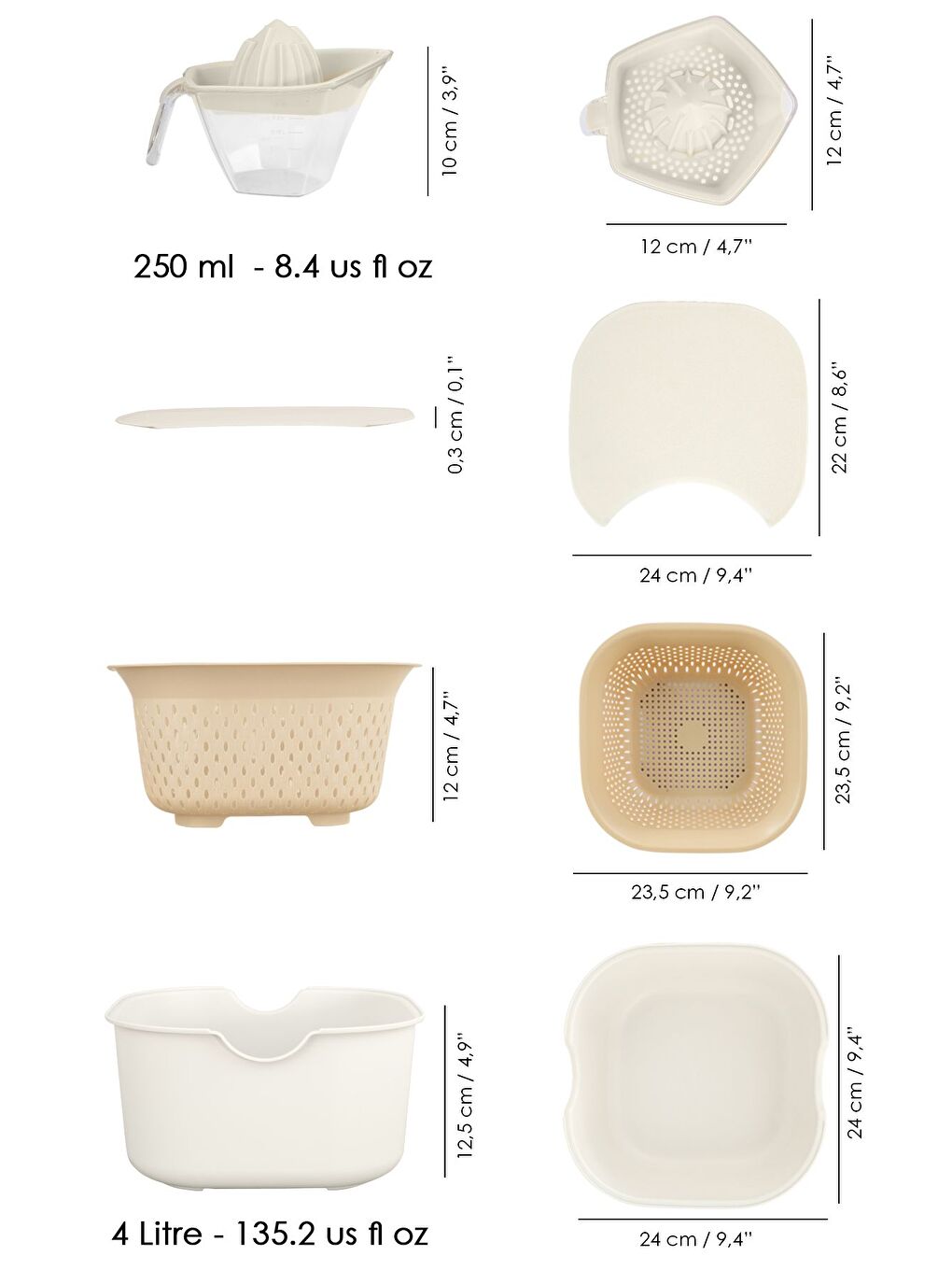 5 Parça Çok Amaçlı Mutfak Seti Karıştırma Kabı Kasesi Süzgeç Kesme Tahtası Limon Sıkacağı Bej-5