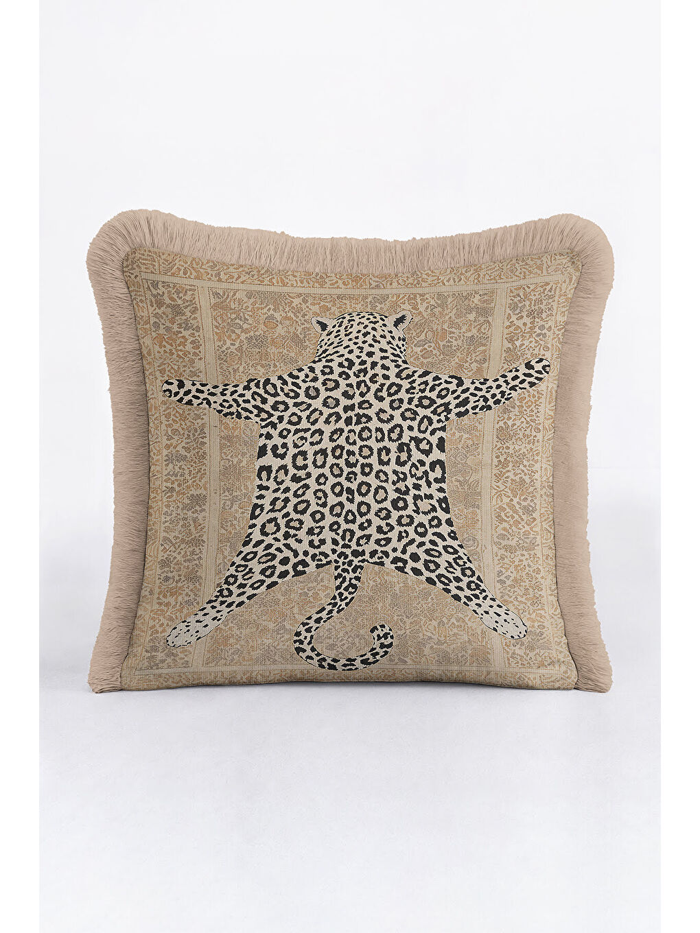 Karışık Vintage Pers İpek Saçaklı Yastık Kılıfı - Leopar Figürlü Bohem Bej Gold Renk Püsküllü Kırlent Kılıfı