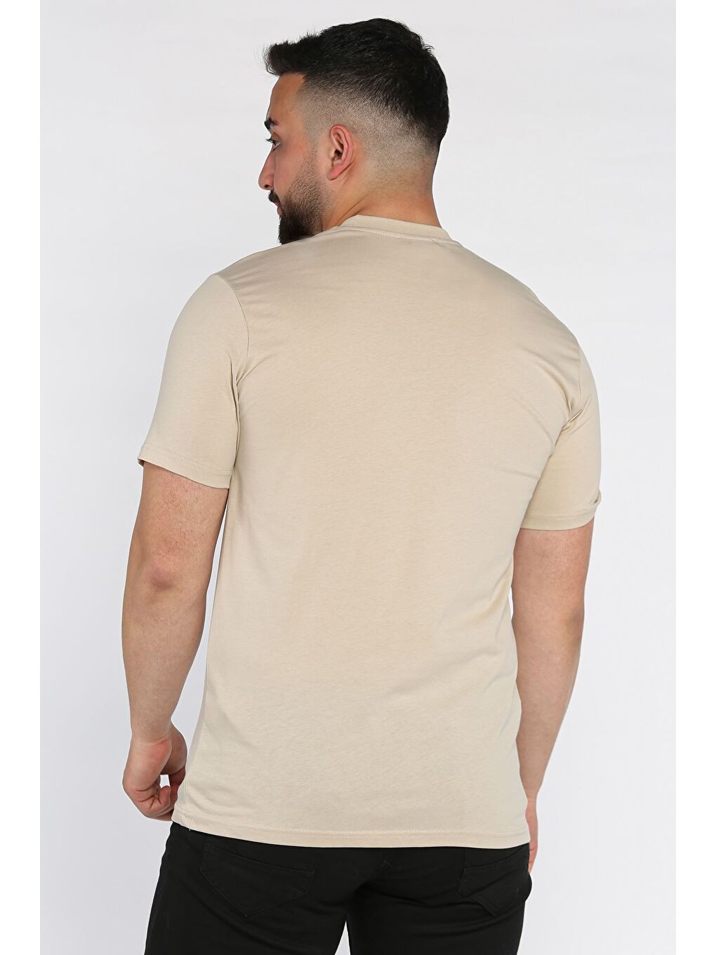 Bej Erkek Bisiklet Yaka Silikon Kabartma Baskılı Tişört-2