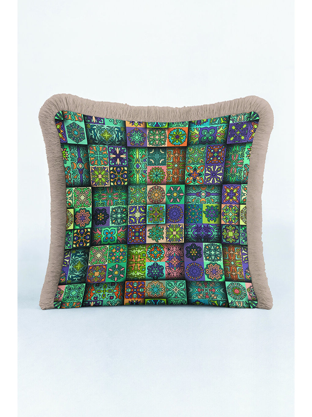 Karışık Etnik Motifli Saçaklı Yastık Kılıfı - Mozaik Bohem Yeşil Mavi Gri Püsküllü Kırlent Kılıfı-3