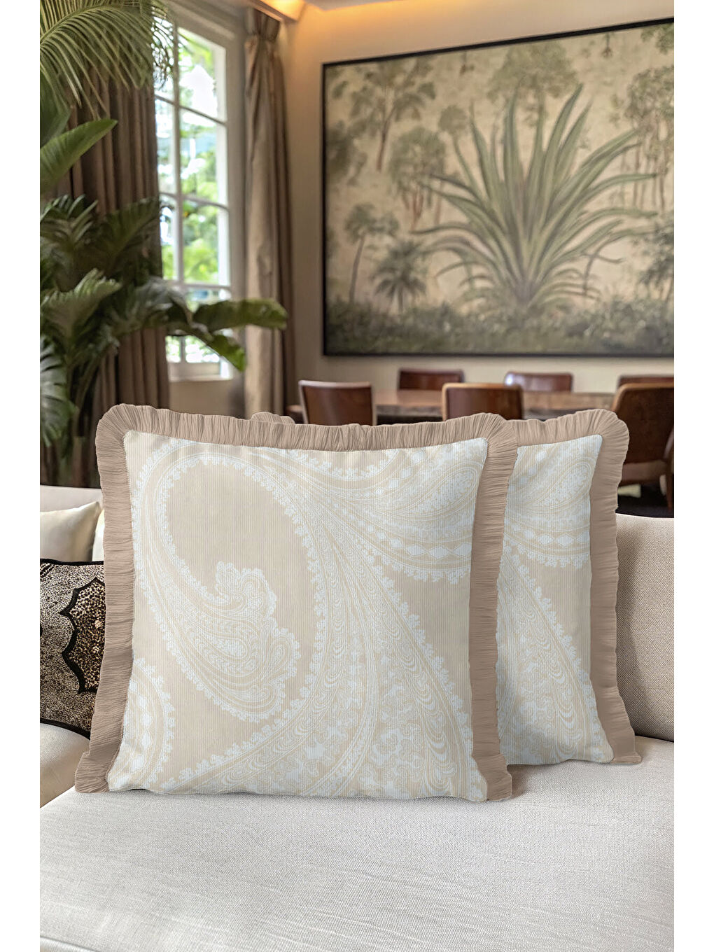 Karışık Zarif Saray Motifli Saçaklı Yastık Kılıfı - Klasik Country Bej Krem Püsküllü Kırlent Kılıfı-5