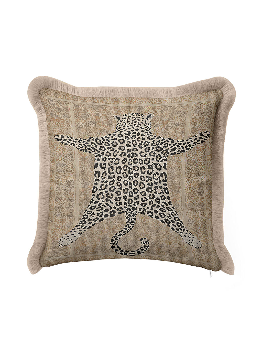 Karışık Vintage Pers İpek Saçaklı Yastık Kılıfı - Leopar Figürlü Bohem Bej Gold Renk Püsküllü Kırlent Kılıfı-1