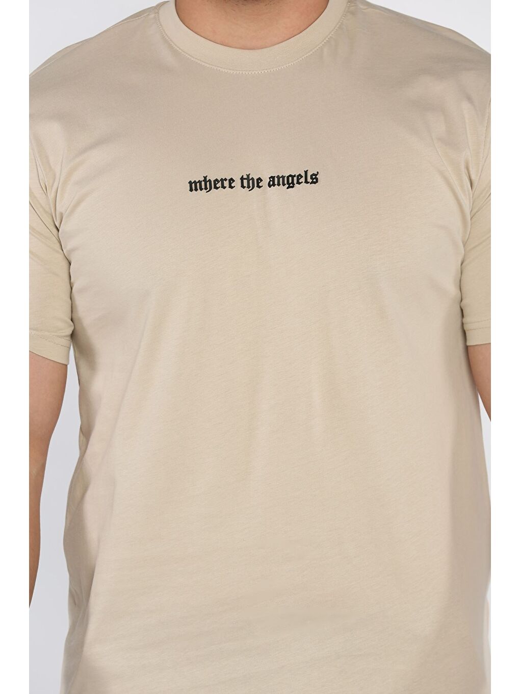 Bej Erkek Bisiklet Yaka Silikon Kabartma Baskılı Tişört-3