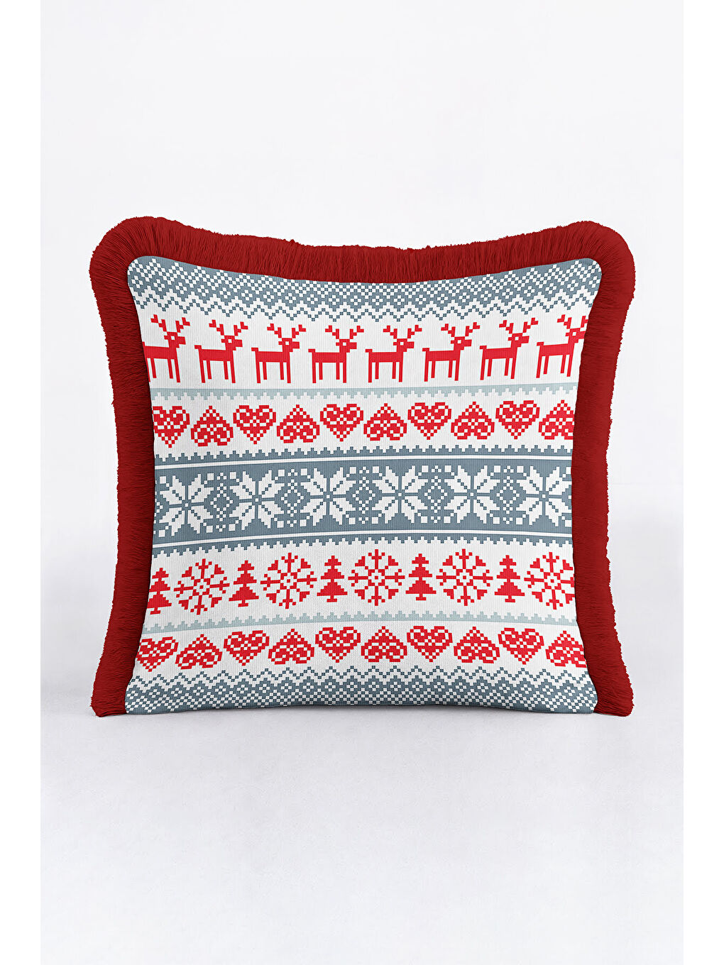Karışık Nordik Geyik Figürlü Saçaklı Yastık Kılıfı - İsveç Kış Temalı Gri Kırmızı Püsküllü Kırlent Kılıfı-1
