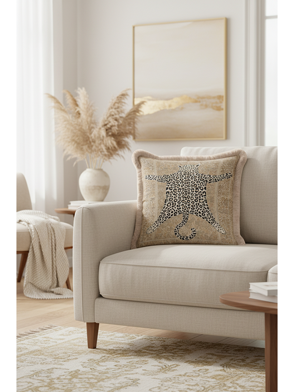 Karışık Vintage Pers İpek Saçaklı Yastık Kılıfı - Leopar Figürlü Bohem Bej Gold Renk Püsküllü Kırlent Kılıfı-2