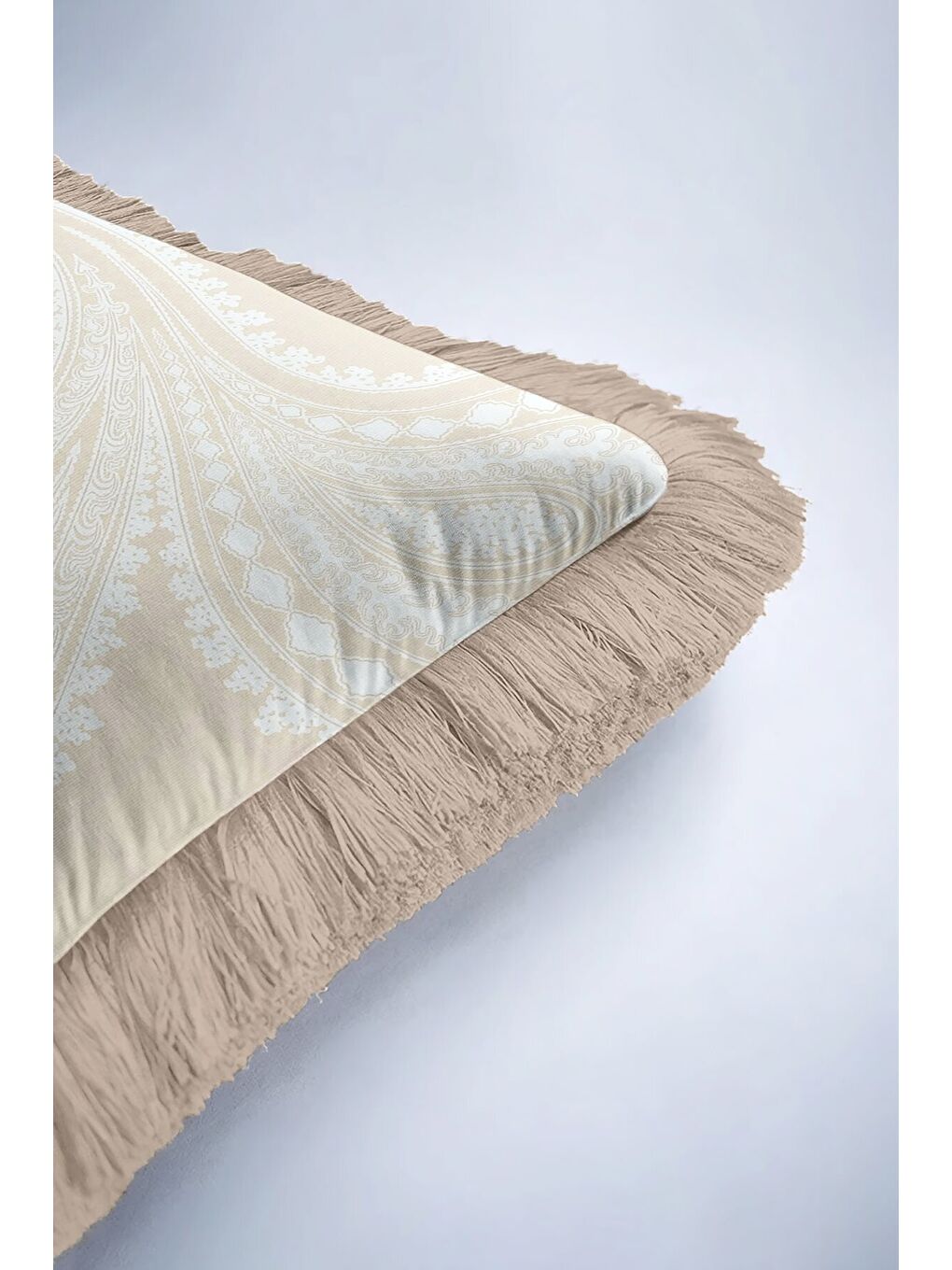 Karışık Zarif Saray Motifli Saçaklı Yastık Kılıfı - Klasik Country Bej Krem Püsküllü Kırlent Kılıfı-6