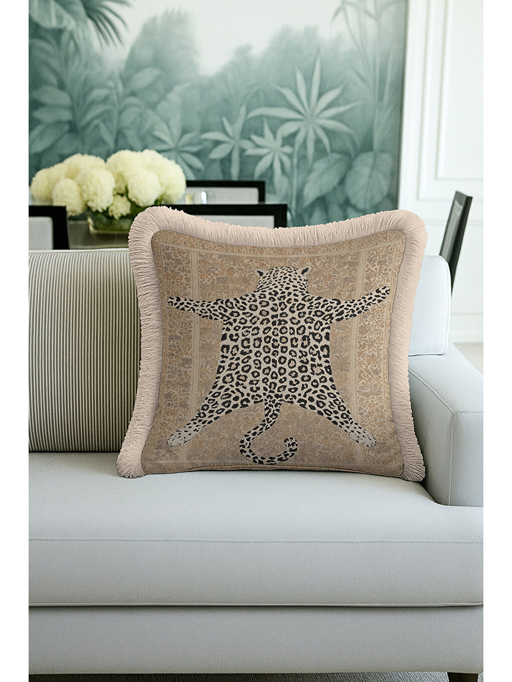 Karışık Vintage Pers İpek Saçaklı Yastık Kılıfı - Leopar Figürlü Bohem Bej Gold Renk Püsküllü Kırlent Kılıfı-3
