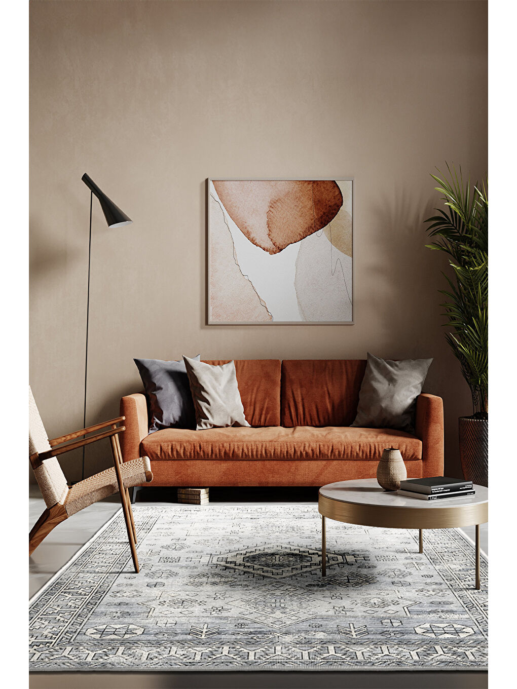 Gri Dekoratif Özel Tasarım Yıkanabilir İnce Kaymaz Tabanlı Modern Halı KECE FR37-1