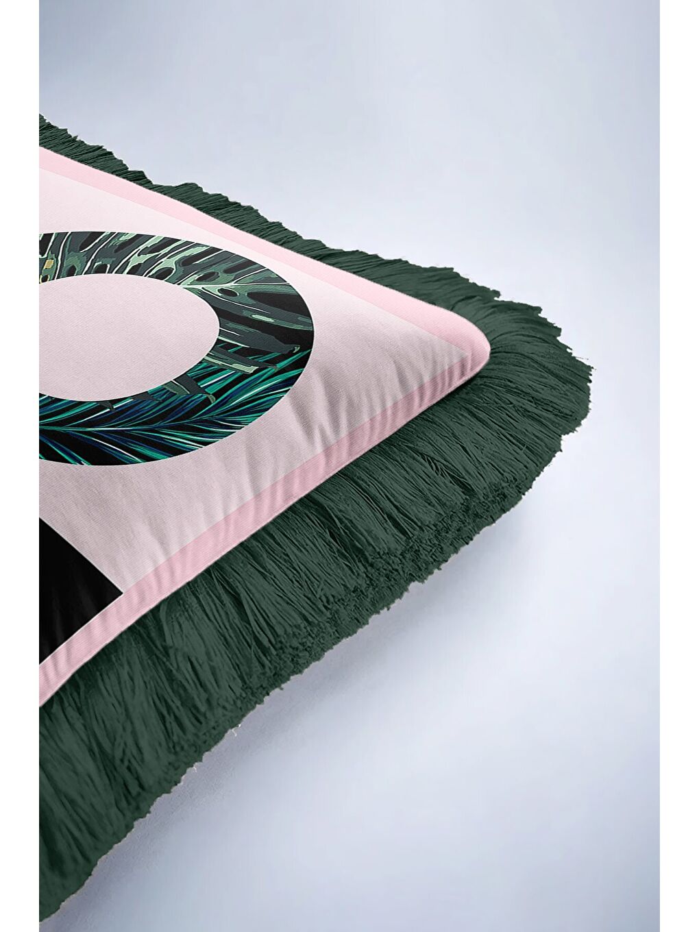 Karışık Tropikal Yaprak Motifli Saçaklı Yastık Kılıfı - Modern Jungle Yeşil Pembe Püsküllü Kırlent Kılıfı-6