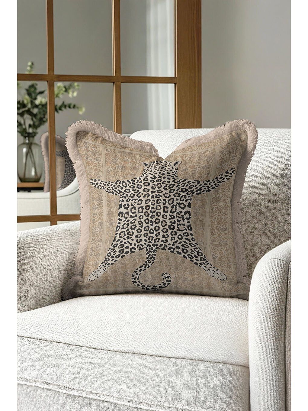 Karışık Vintage Pers İpek Saçaklı Yastık Kılıfı - Leopar Figürlü Bohem Bej Gold Renk Püsküllü Kırlent Kılıfı-4