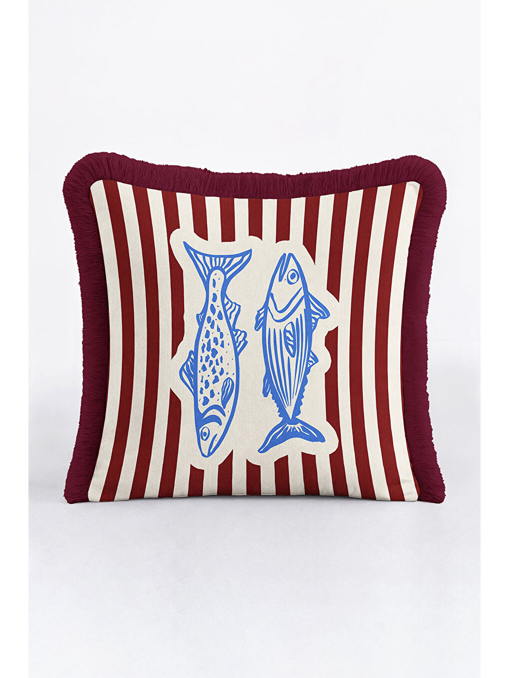 Karışık Marin Çizgili Saçaklı Yastık Kılıfı - Retro Deniz Temalı Mavi Bordo Püsküllü Kırlent Kılıfı-4