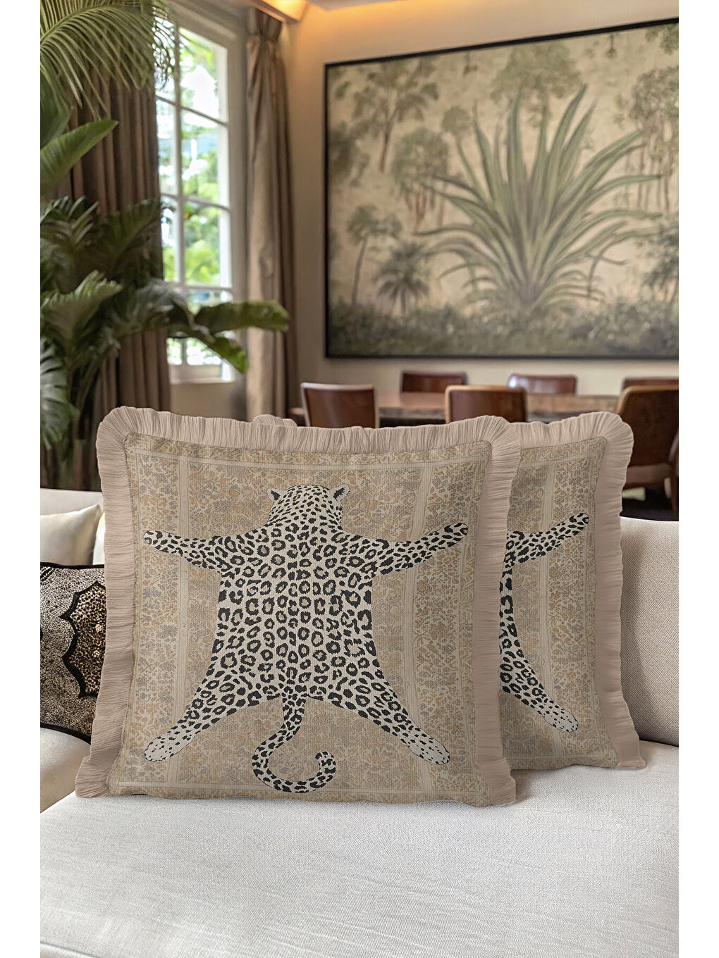 Karışık Vintage Pers İpek Saçaklı Yastık Kılıfı - Leopar Figürlü Bohem Bej Gold Renk Püsküllü Kırlent Kılıfı-5