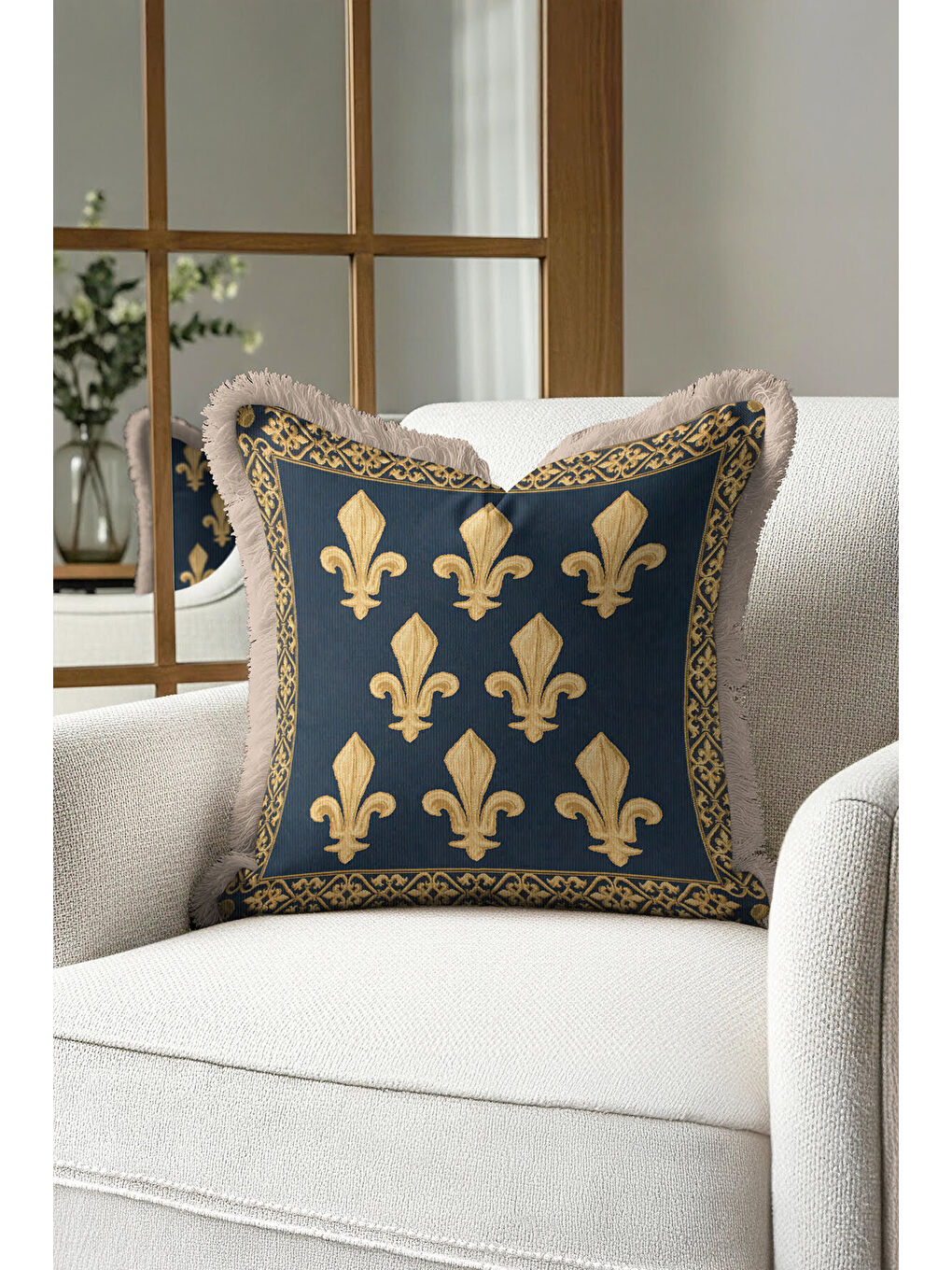 Karışık Saray Motifli Saçaklı Yastık Kılıfı - Fransız Esintili Klasik Lacivert Altın Püsküllü Kırlent Kılıfı-3