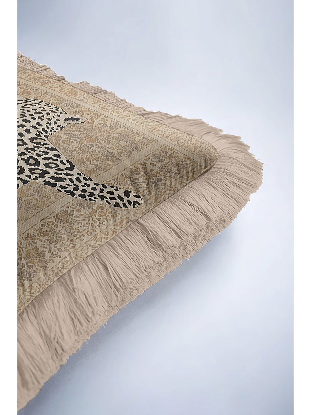 Karışık Vintage Pers İpek Saçaklı Yastık Kılıfı - Leopar Figürlü Bohem Bej Gold Renk Püsküllü Kırlent Kılıfı-6