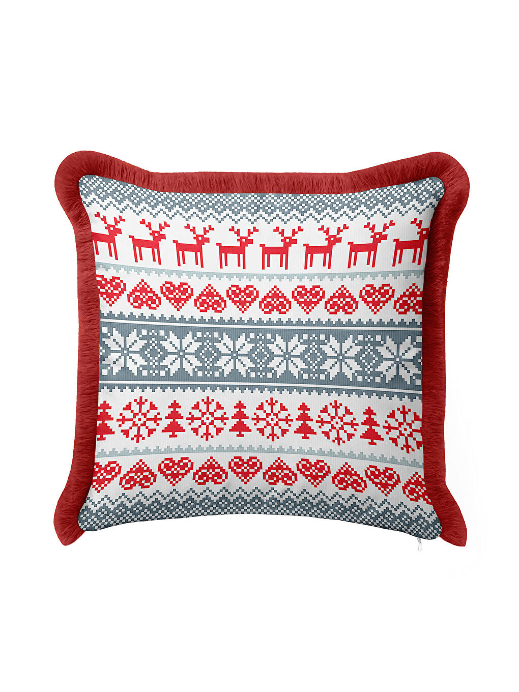 Karışık Nordik Geyik Figürlü Saçaklı Yastık Kılıfı - İsveç Kış Temalı Gri Kırmızı Püsküllü Kırlent Kılıfı-2