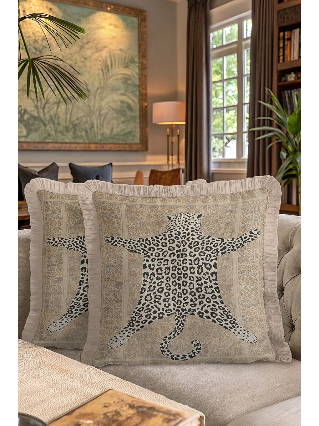 Karışık Vintage Pers İpek Saçaklı Yastık Kılıfı - Leopar Figürlü Bohem Bej Gold Renk Püsküllü Kırlent Kılıfı-7