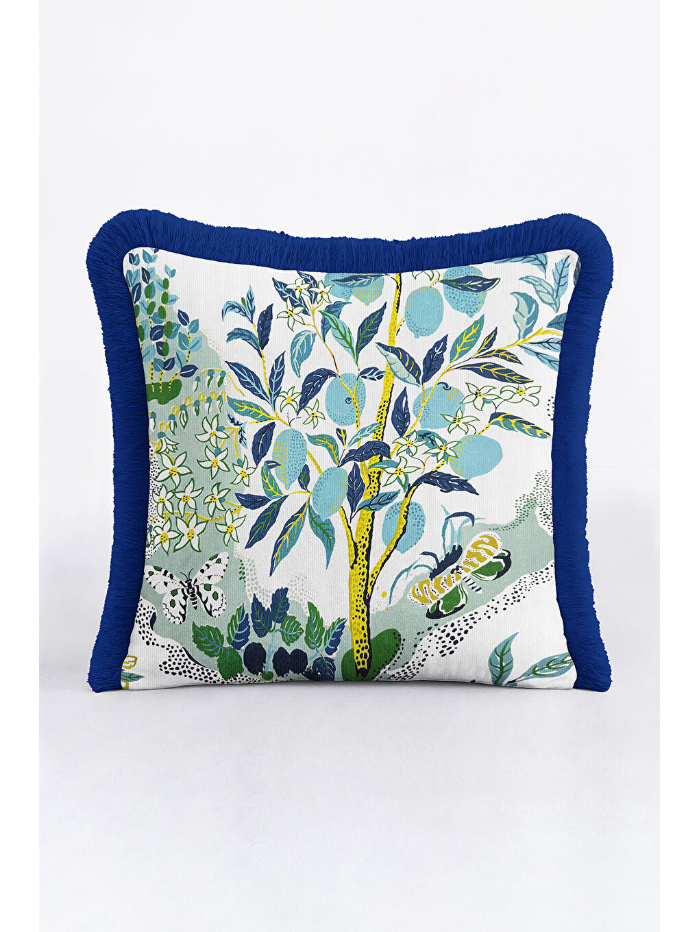 Karışık Botanik Orman Saçaklı Yastık Kılıfı - Doğal Bahçe Tropikal Bohem Mavi Sarı Püsküllü Kırlent Kılıfı