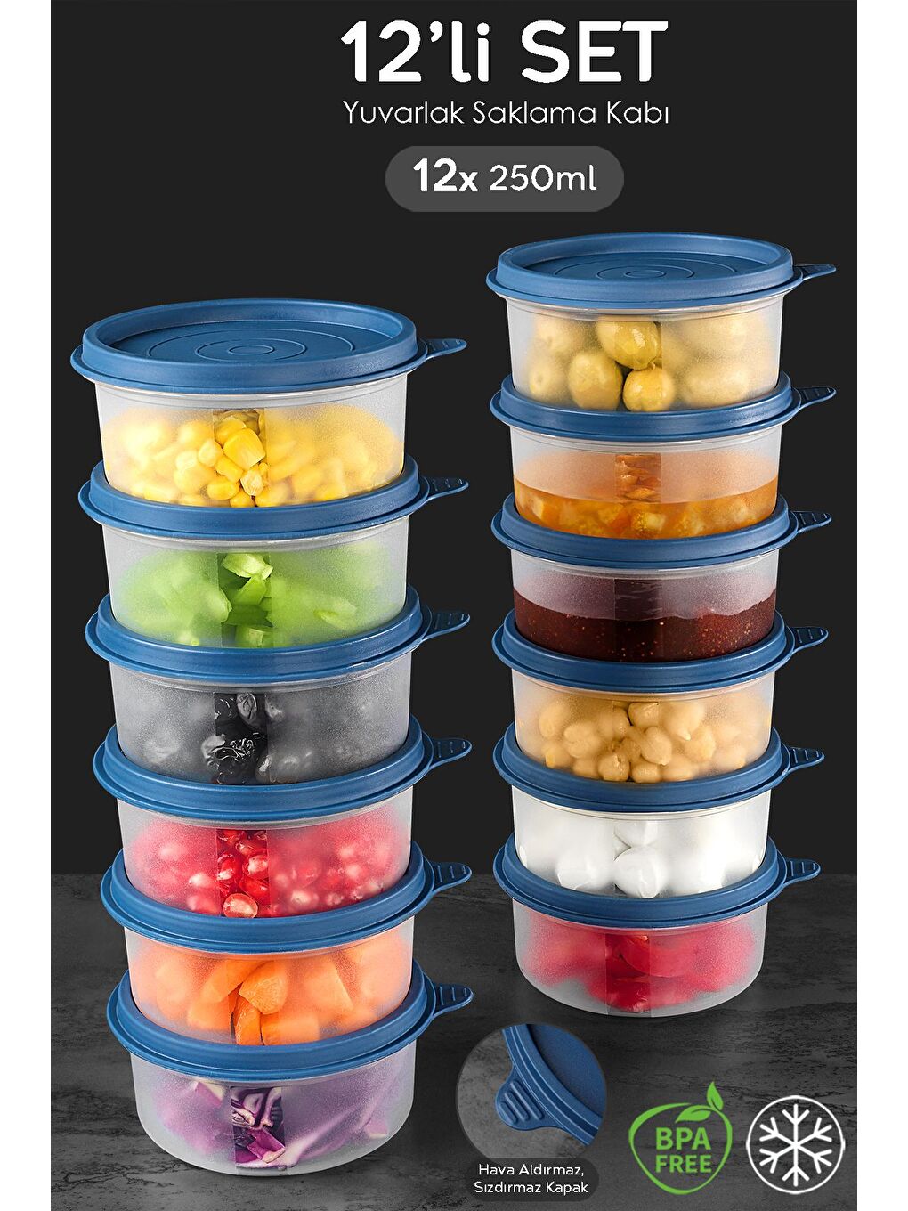12'li Yuvarlak Gıda Saklama Kabı Seti 12x250 ml Lacivert