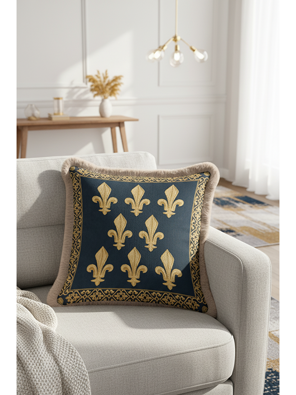 Karışık Saray Motifli Saçaklı Yastık Kılıfı - Fransız Esintili Klasik Lacivert Altın Püsküllü Kırlent Kılıfı-4