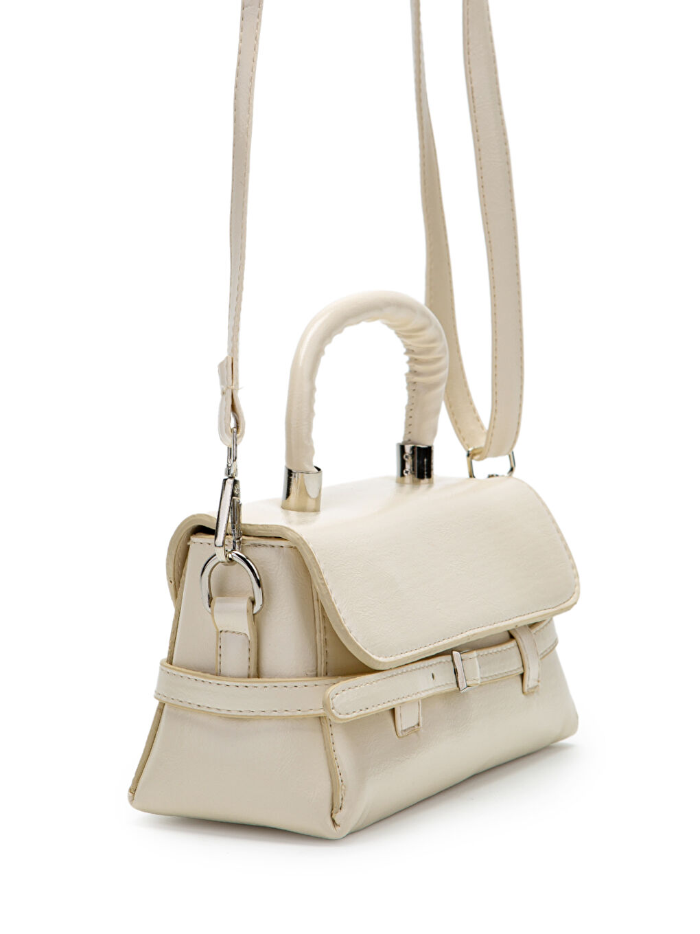 Kahverengi Kemer Detaylı Suni Deri Kadın Çapraz Çanta Nora Krem-3