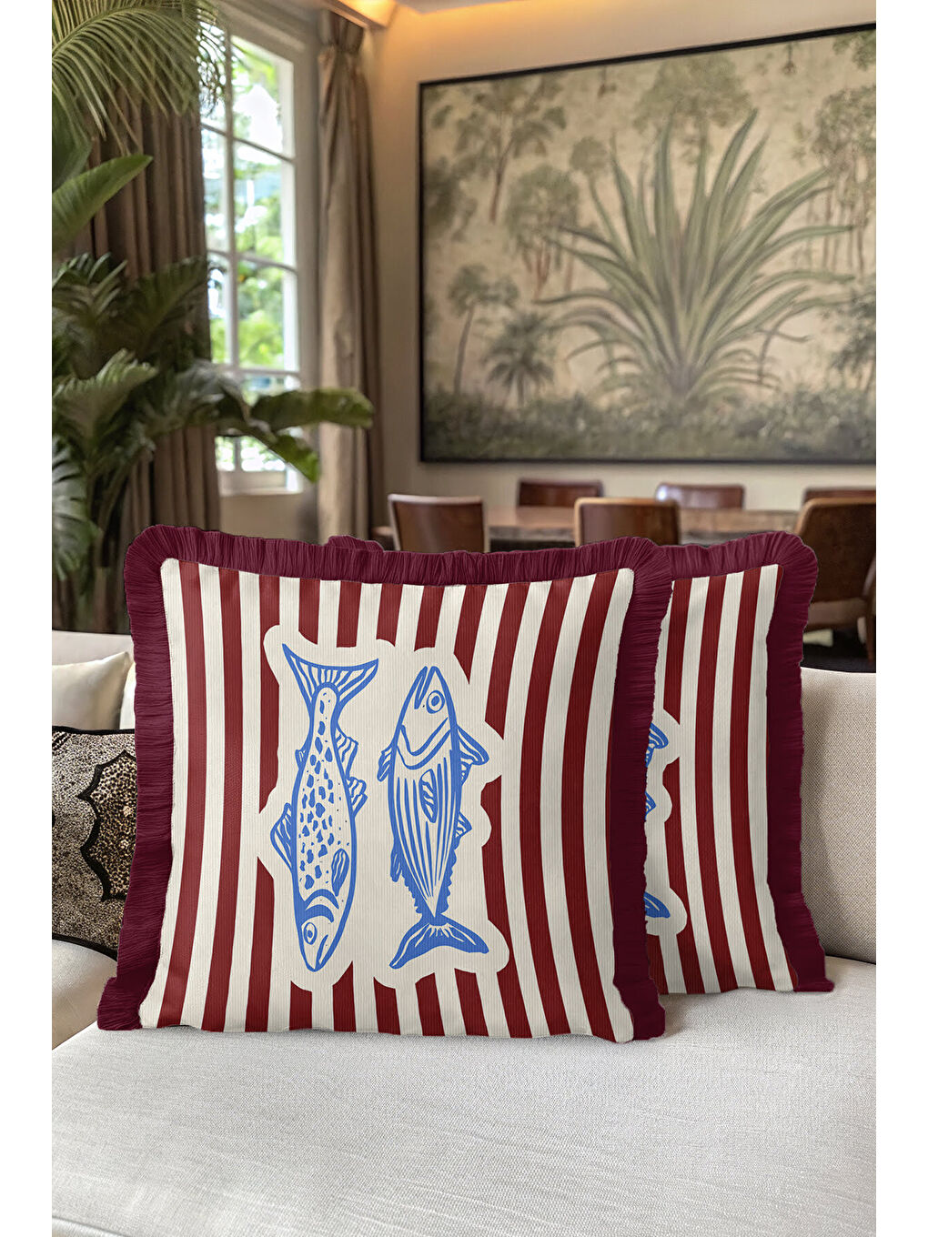 Karışık Marin Çizgili Saçaklı Yastık Kılıfı - Retro Deniz Temalı Mavi Bordo Püsküllü Kırlent Kılıfı-5