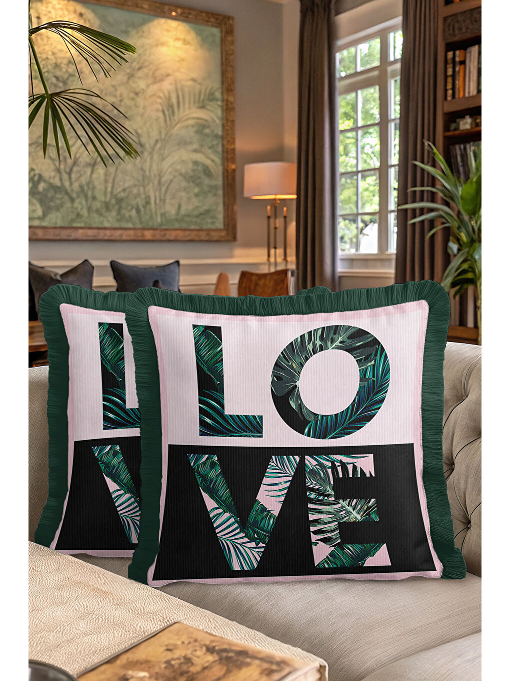 Karışık Tropikal Yaprak Motifli Saçaklı Yastık Kılıfı - Modern Jungle Yeşil Pembe Püsküllü Kırlent Kılıfı-7