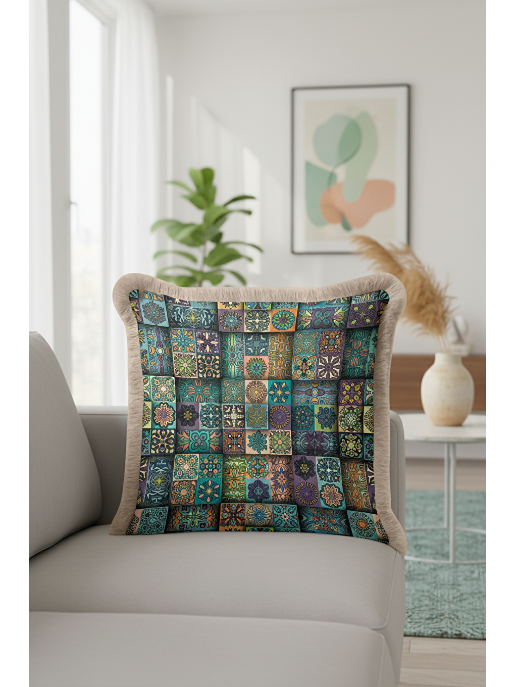 Karışık Etnik Motifli Saçaklı Yastık Kılıfı - Mozaik Bohem Yeşil Mavi Gri Püsküllü Kırlent Kılıfı-4