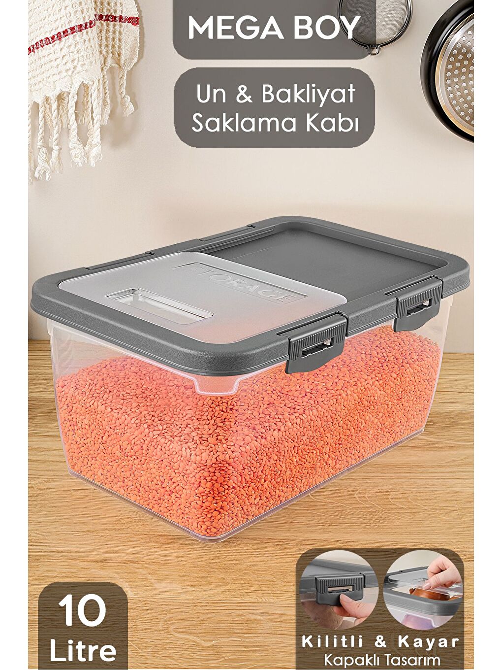Kayar Kapaklı Bakliyat Saklama Kabı Gri 10 lt