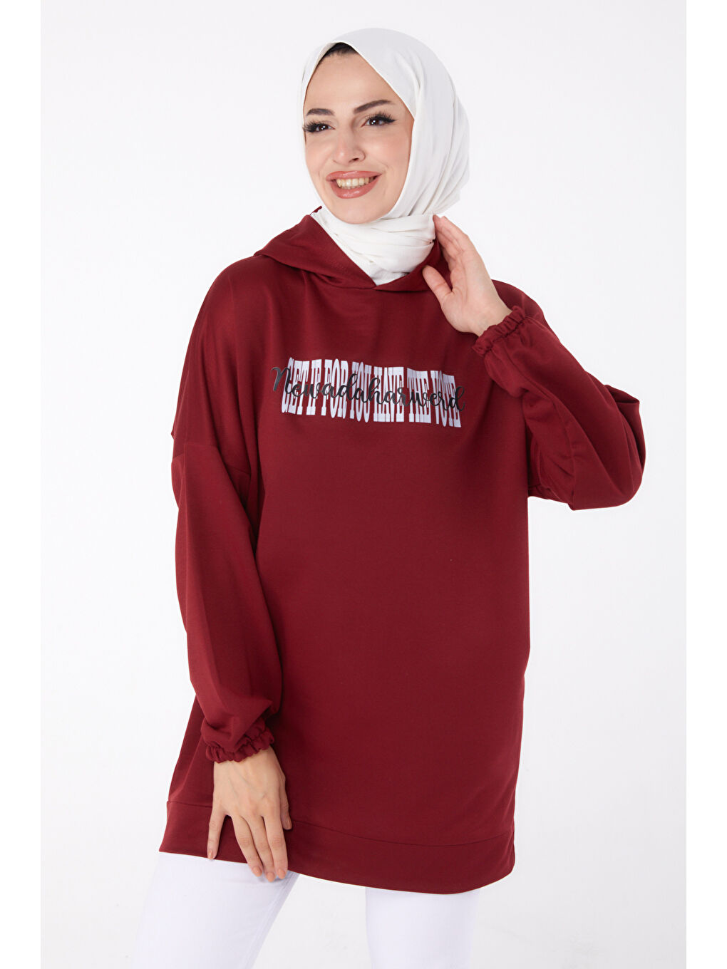 TOFİSA Düz Kapüşonlu Yaka Kadın Bordo Baskılı Sweatshirt   13334