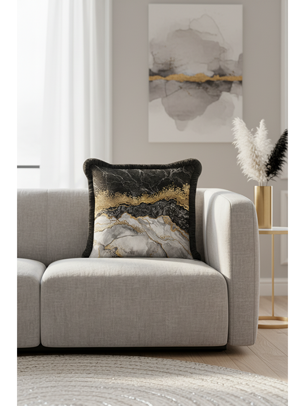 Karışık Lüks Mermer Desen Saçaklı Yastık Kılıfı - Asil Modern Siyah Gri Altın Renkli Püsküllü Kırlent Kılıfı-1