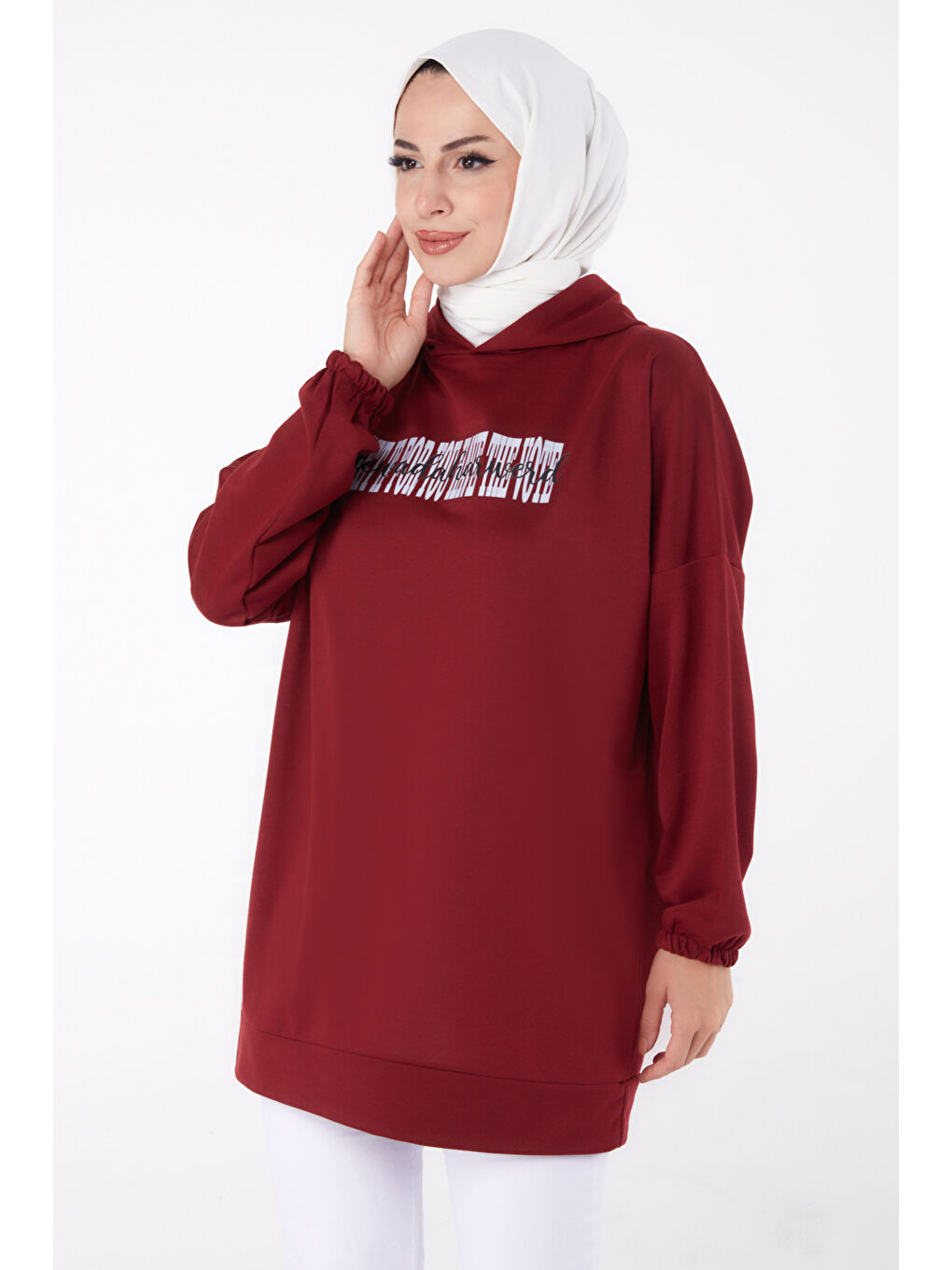 TOFİSA Düz Kapüşonlu Yaka Kadın Bordo Baskılı Sweatshirt   13334 - 1