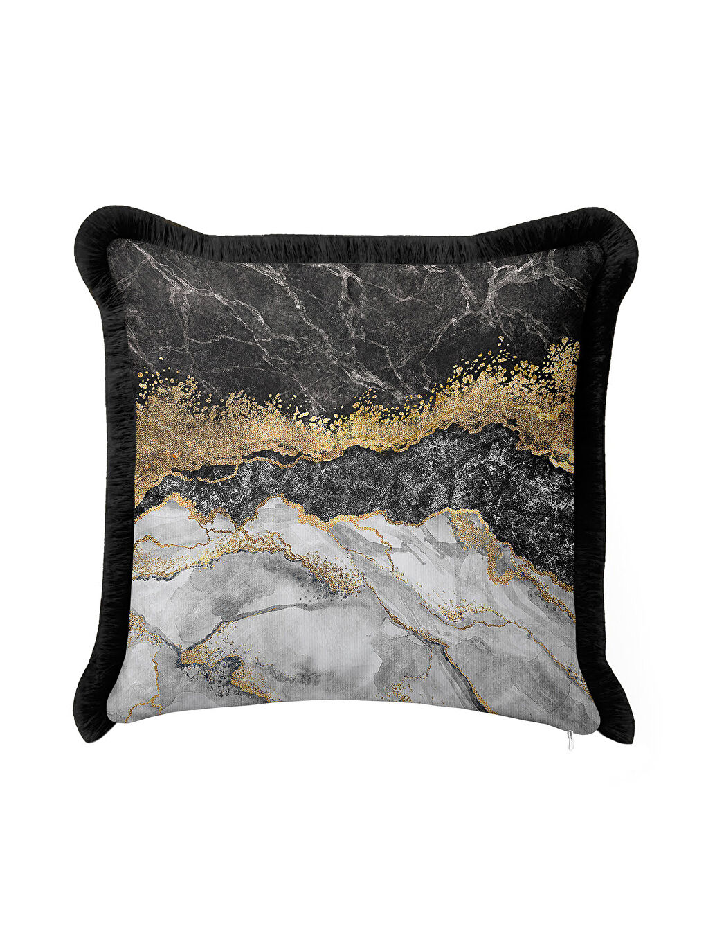 Karışık Lüks Mermer Desen Saçaklı Yastık Kılıfı - Asil Modern Siyah Gri Altın Renkli Püsküllü Kırlent Kılıfı-2