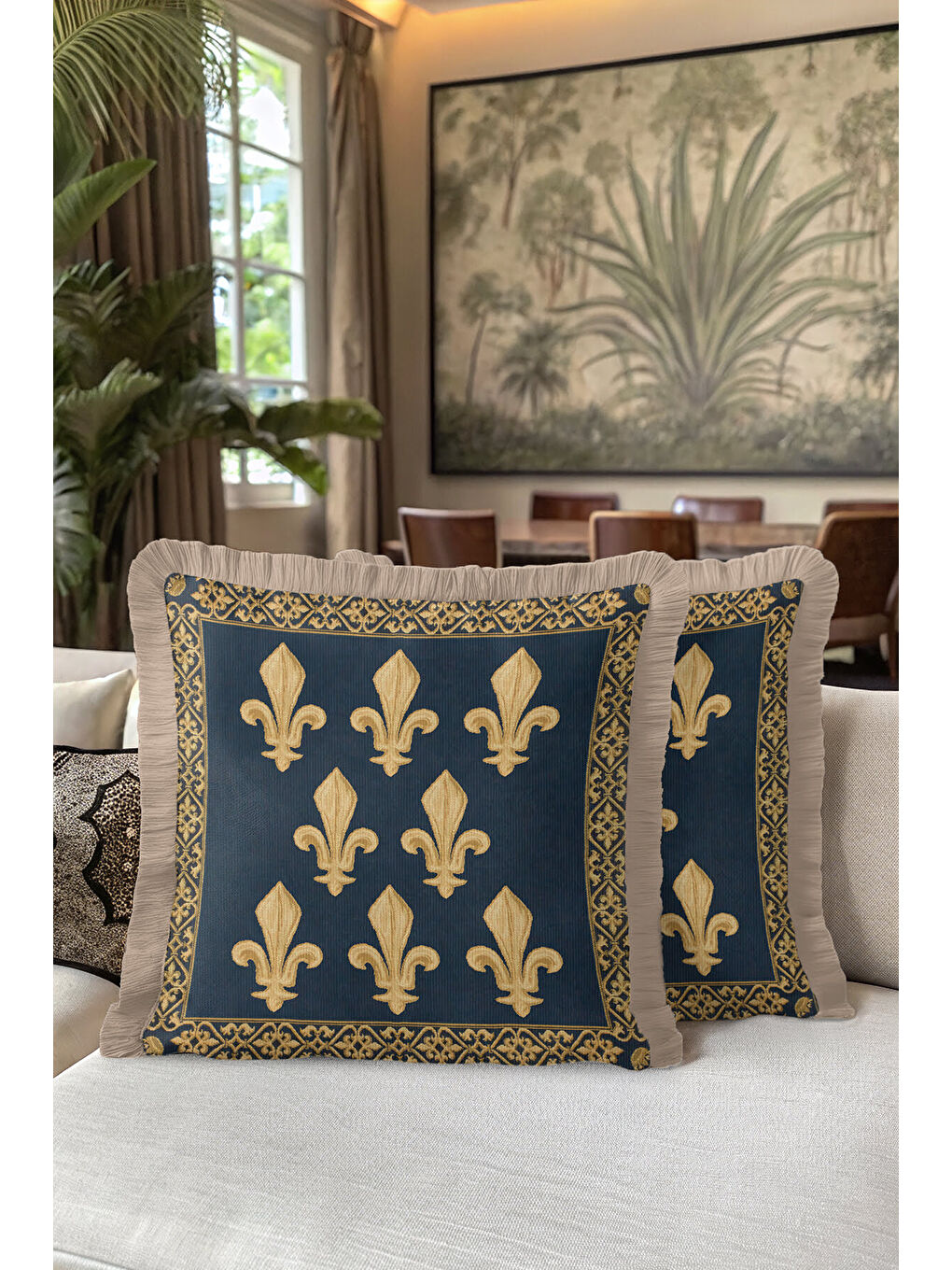 Karışık Saray Motifli Saçaklı Yastık Kılıfı - Fransız Esintili Klasik Lacivert Altın Püsküllü Kırlent Kılıfı-5