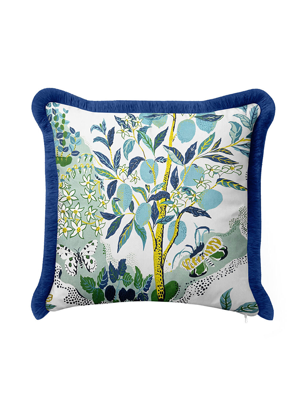 Karışık Botanik Orman Saçaklı Yastık Kılıfı - Doğal Bahçe Tropikal Bohem Mavi Sarı Püsküllü Kırlent Kılıfı-1