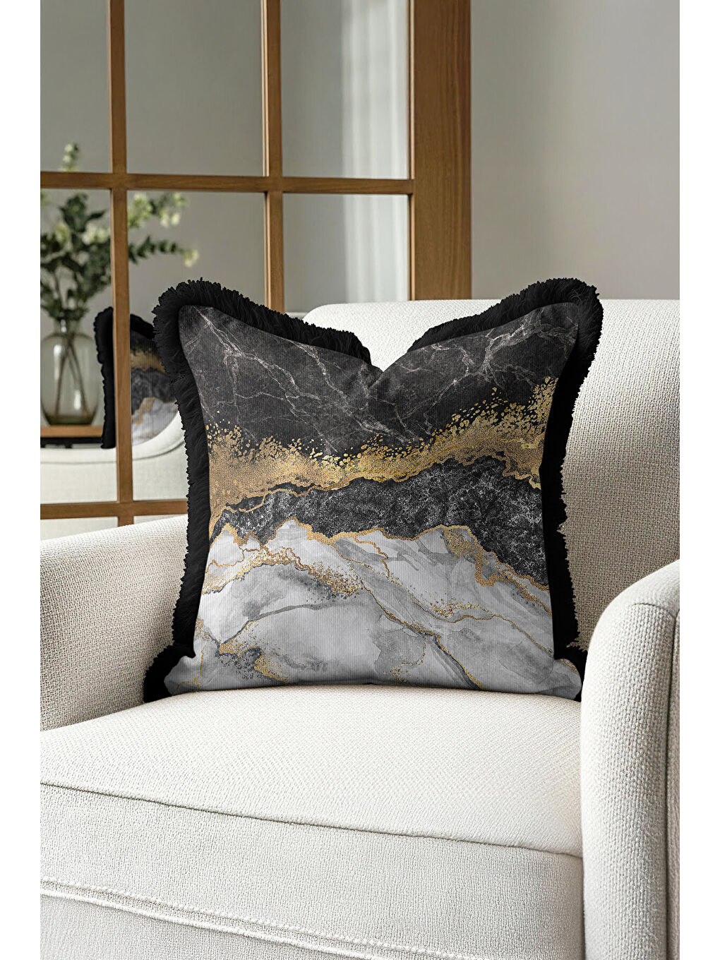 Karışık Lüks Mermer Desen Saçaklı Yastık Kılıfı - Asil Modern Siyah Gri Altın Renkli Püsküllü Kırlent Kılıfı-3