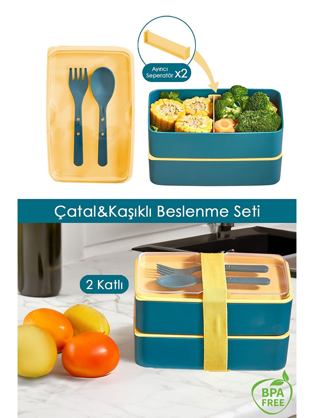 Ayarlanabilir Dikdörtgen 2 Katlı Beslenme Kabı Çatal Kaşık Servisli Yemek Saklama Kutusu Yeşil Sarı