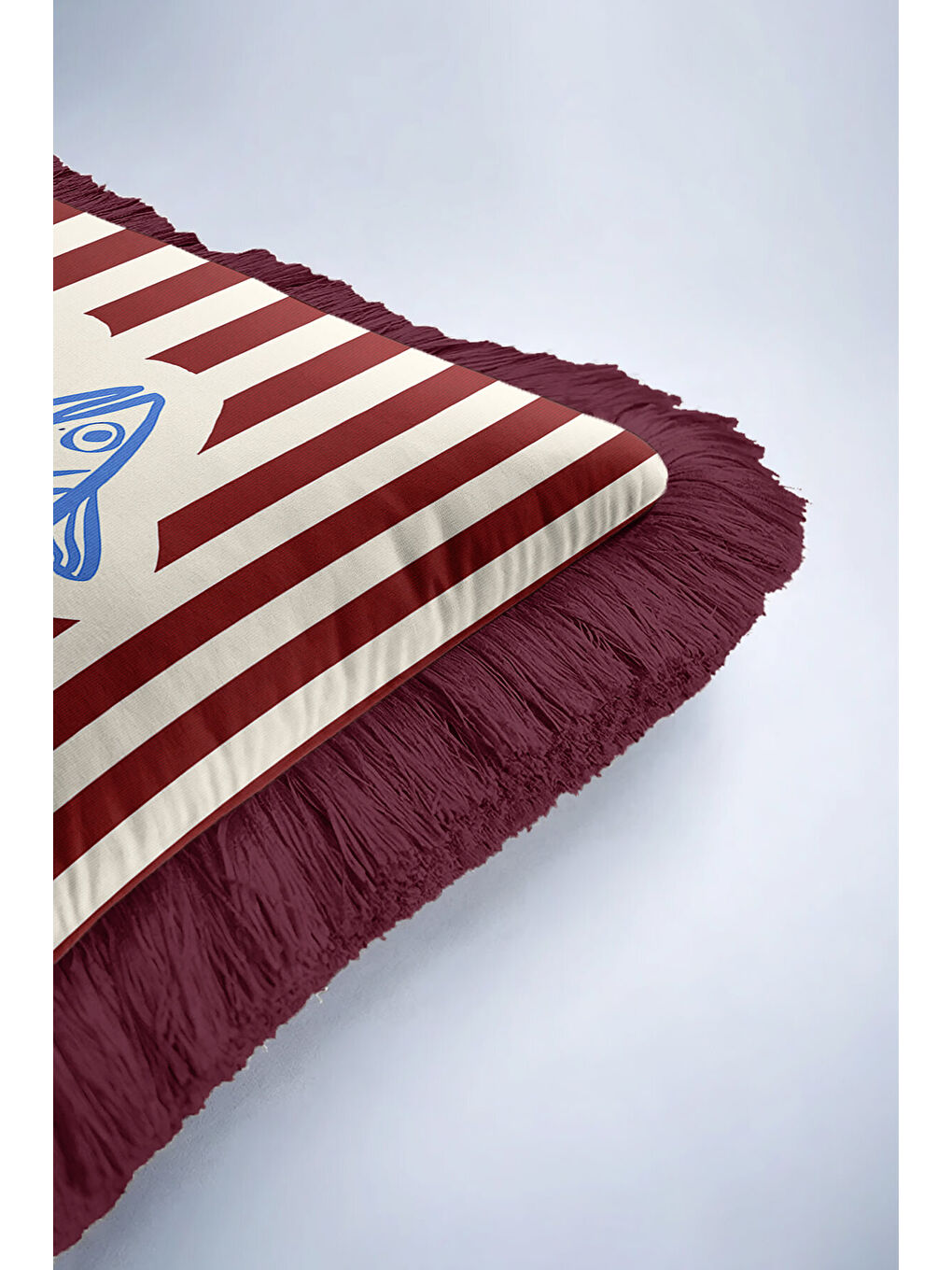 Karışık Marin Çizgili Saçaklı Yastık Kılıfı - Retro Deniz Temalı Mavi Bordo Püsküllü Kırlent Kılıfı-6