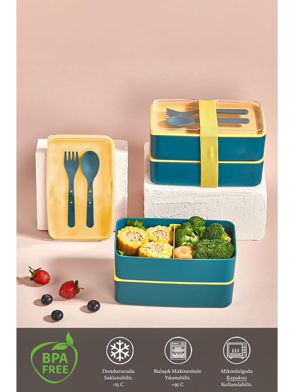 Ayarlanabilir Dikdörtgen 2 Katlı Beslenme Kabı Çatal Kaşık Servisli Yemek Saklama Kutusu Yeşil Sarı-1