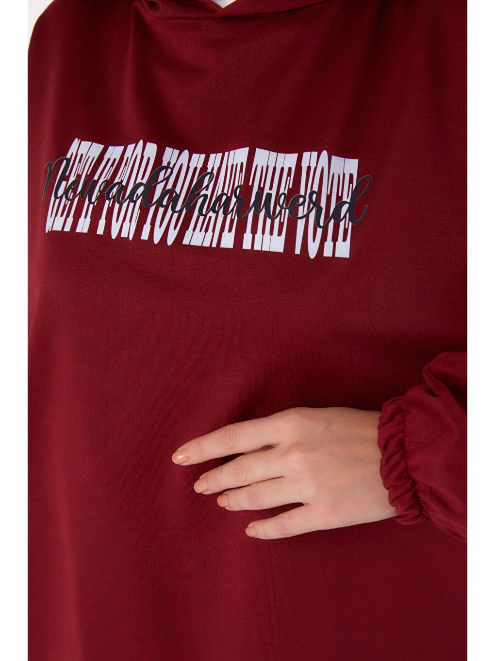 TOFİSA Düz Kapüşonlu Yaka Kadın Bordo Baskılı Sweatshirt   13334 - 4