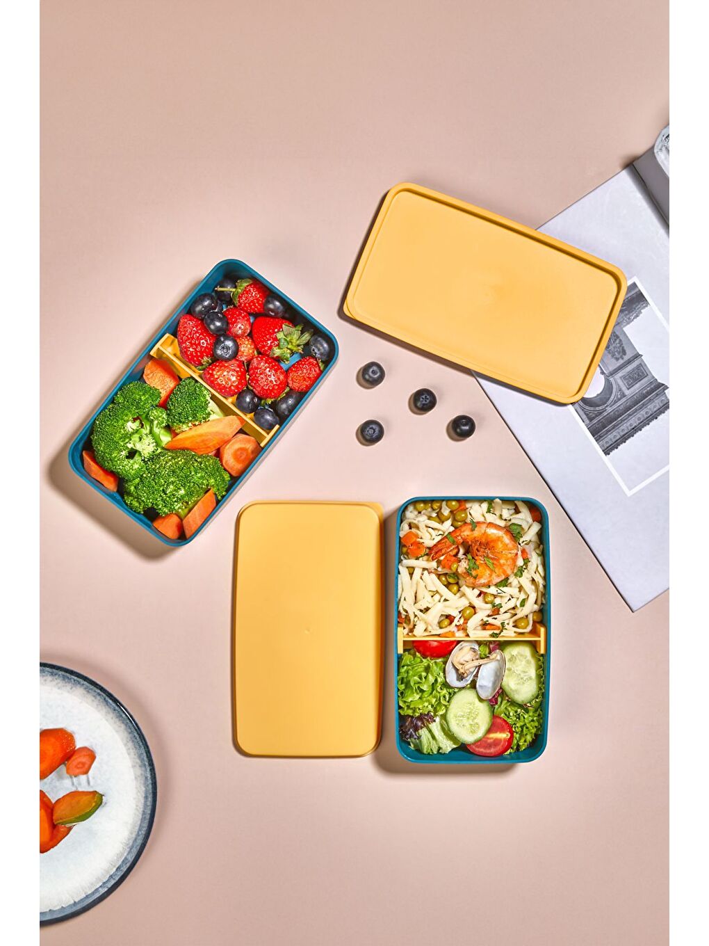 Ayarlanabilir Dikdörtgen 2 Katlı Beslenme Kabı Çatal Kaşık Servisli Yemek Saklama Kutusu Yeşil Sarı-4