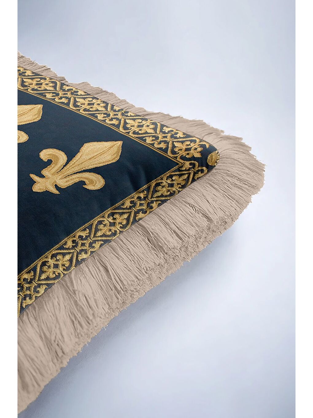 Karışık Saray Motifli Saçaklı Yastık Kılıfı - Fransız Esintili Klasik Lacivert Altın Püsküllü Kırlent Kılıfı-6