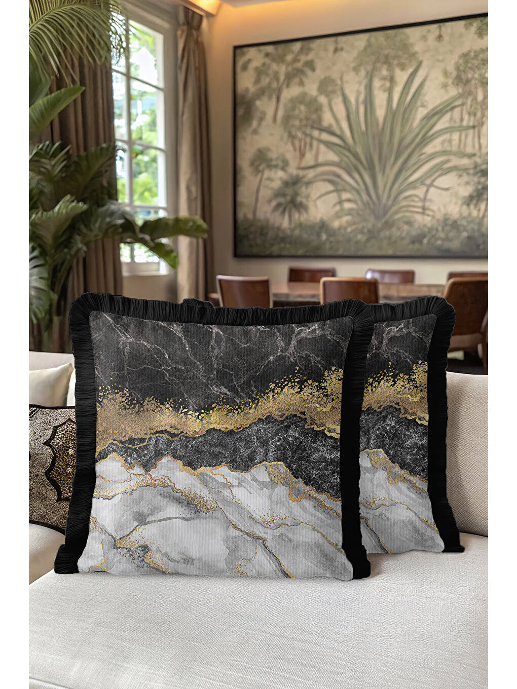 Karışık Lüks Mermer Desen Saçaklı Yastık Kılıfı - Asil Modern Siyah Gri Altın Renkli Püsküllü Kırlent Kılıfı-5