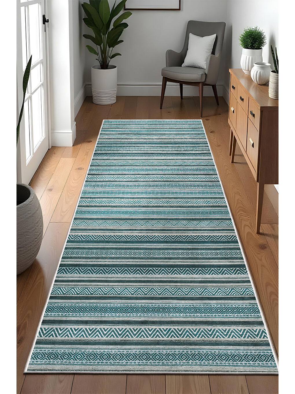 Mavi Dekoratif Özel Tasarım Yıkanabilir İnce Kaymaz Tabanlı Modern Halı KECE FR35-4