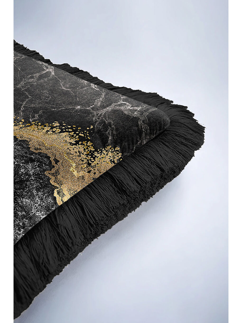 Karışık Lüks Mermer Desen Saçaklı Yastık Kılıfı - Asil Modern Siyah Gri Altın Renkli Püsküllü Kırlent Kılıfı-6