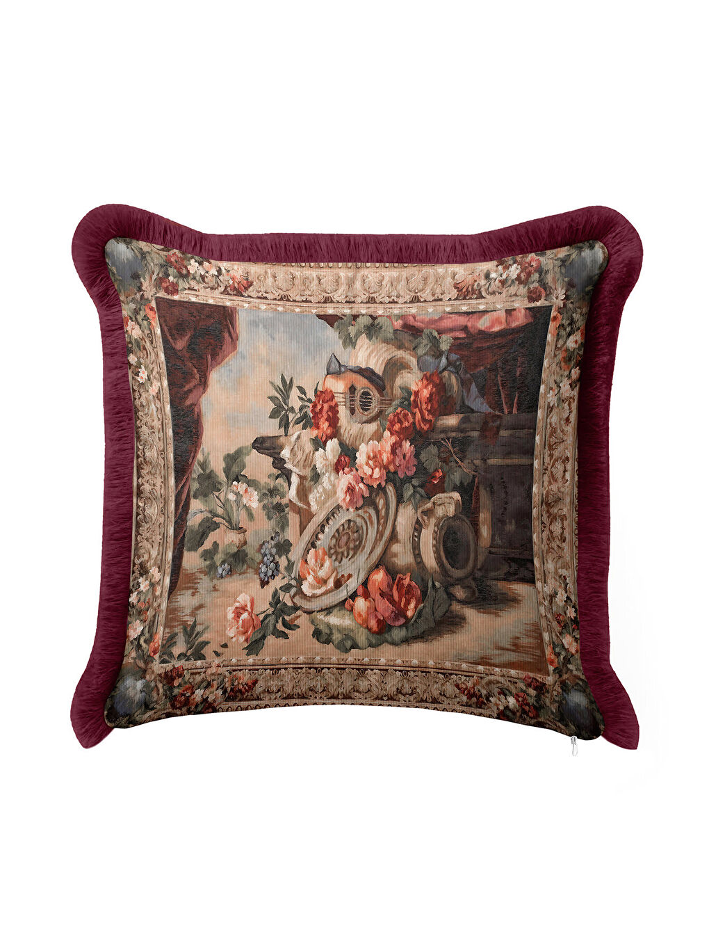 Karışık Barok Şıklık Saçaklı Yastık Kılıfı - Antik Vazo Klasik Bordo Püsküllü Kırlent Kılıfı